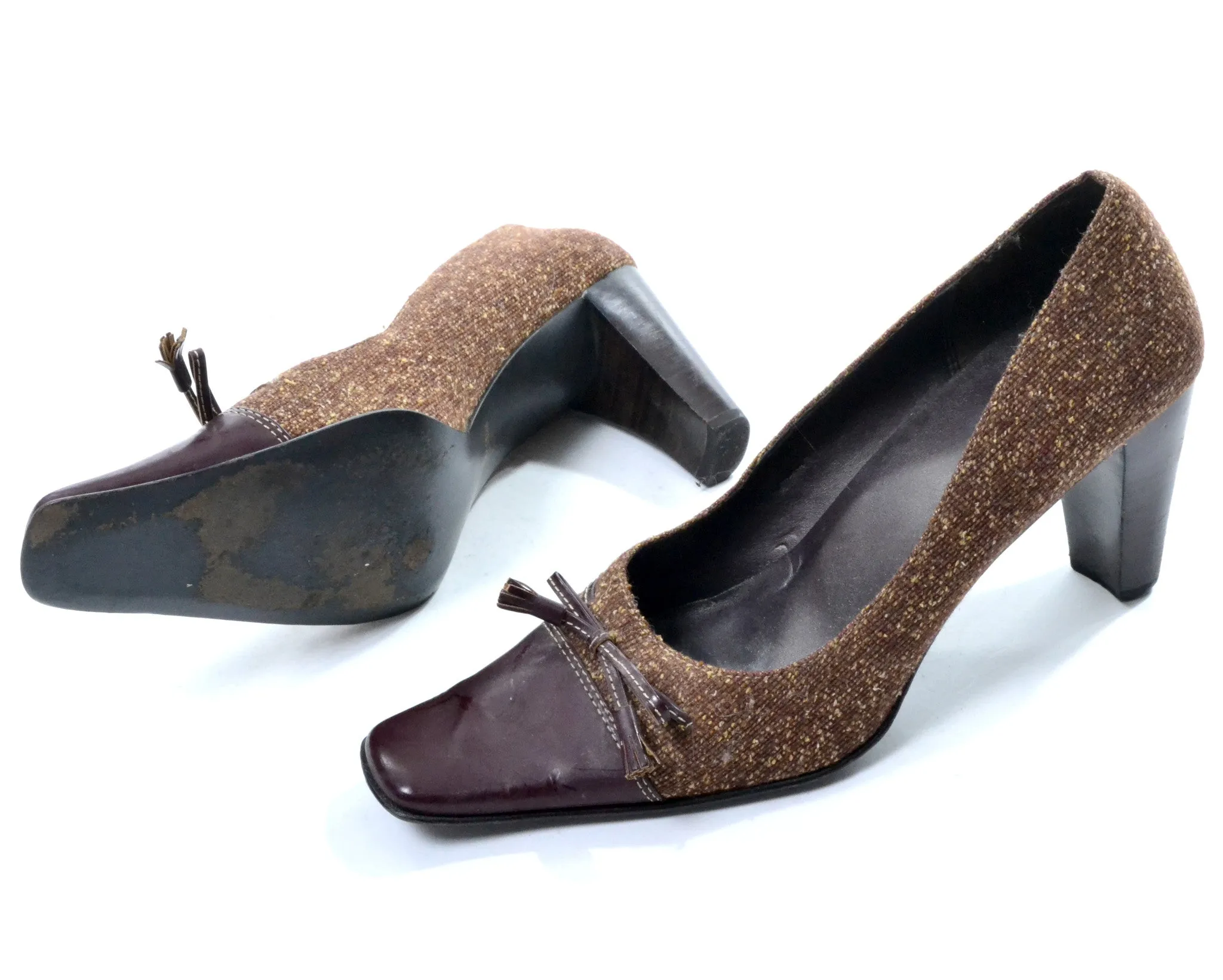 Underpronation Shoes Asics 1980's Woven Brown and Red Leather Heels by Anne Klein 2 Size 10