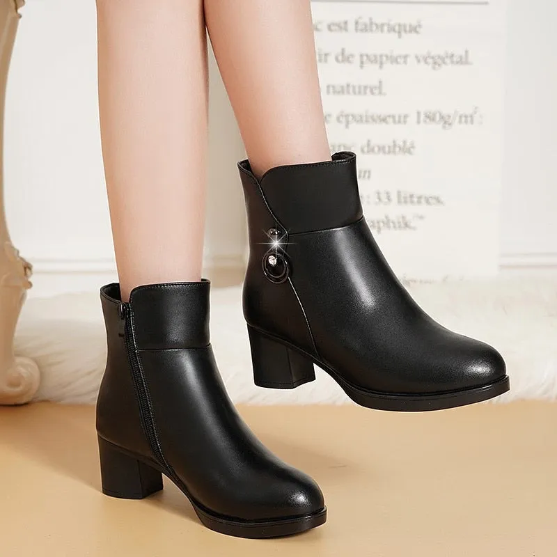 2022 NEW Fashion Soft Leather Women Ankle Boots High Heels Zipper Shoes Warm Wool Winter Boots for Women Plus Size 35-41 Stonz Snow Boots