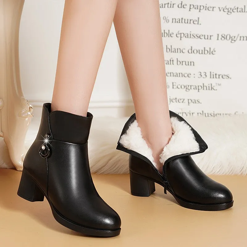 2022 NEW Fashion Soft Leather Women Ankle Boots High Heels Zipper Shoes Warm Wool Winter Boots for Women Plus Size 35-41 Best Snow Boots Waterproof