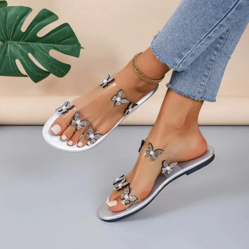 2025 Shoes for Women Plus Size Women's Slippers Fashion Daily Slippers Women Crystal Butterfly String Bead Flat Women's Sandals Cartoon Of Slippers