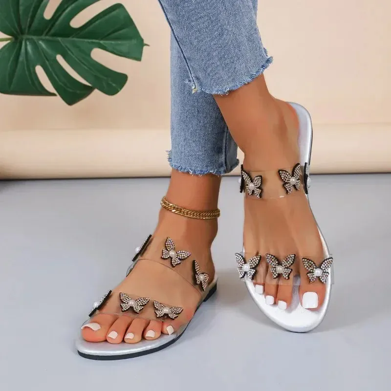 Leather Mule Slides 2025 Shoes for Women Plus Size Women's Slippers Fashion Daily Slippers Women Crystal Butterfly String Bead Flat Women's Sandals