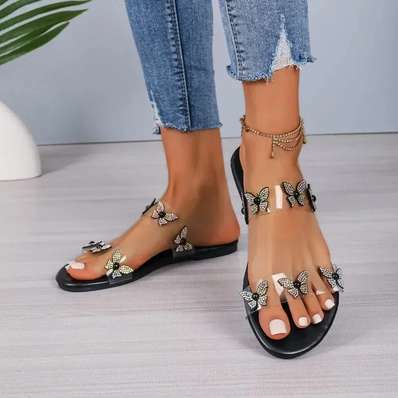 Uzzy Slippers 2025 Shoes for Women Plus Size Women's Slippers Fashion Daily Slippers Women Crystal Butterfly String Bead Flat Women's Sandals