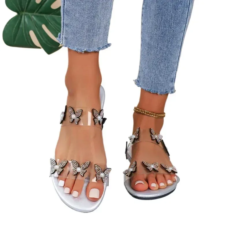 Cool Slippers 2025 Shoes for Women Plus Size Women's Slippers Fashion Daily Slippers Women Crystal Butterfly String Bead Flat Women's Sandals