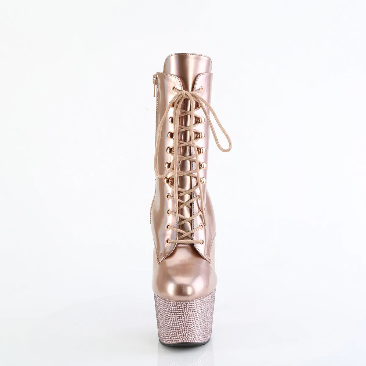 7 Inch Heel BEJEWELED-1020-7 Rose Gold Holo Work Boots & Waterproof