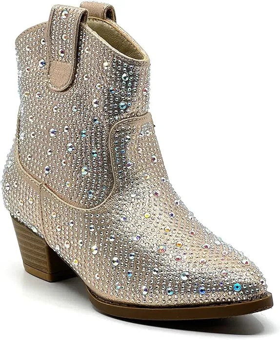 Forever River-01K Girls Rhinestone Cowboy Boots Kids Low Heel Dress Booties Kobe Shoes Adidas