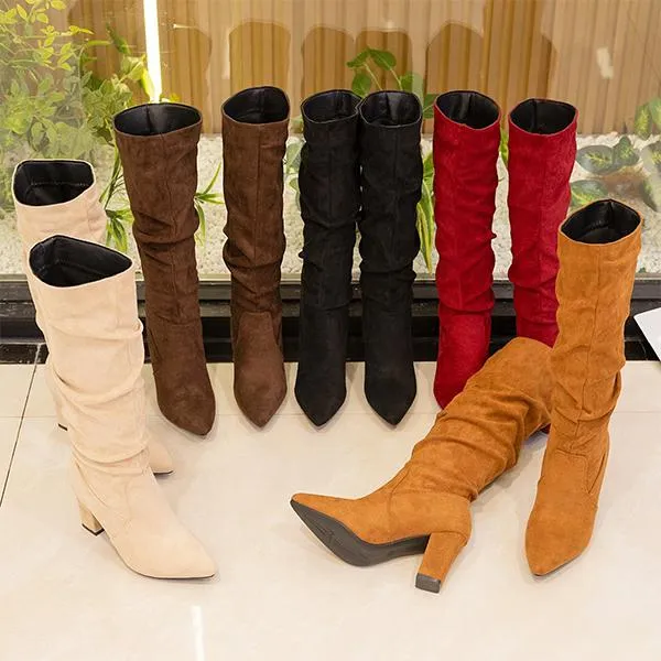 Women's Suede Pleated Chunk Heel Knee-High Boots 87431644S Custom Adidas Basketball Shoes