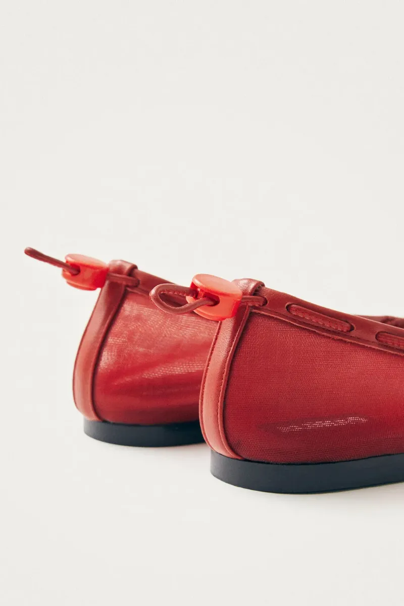 Gill Mesh Red Leather Ballet Flats Loafers And Skirt Outfit