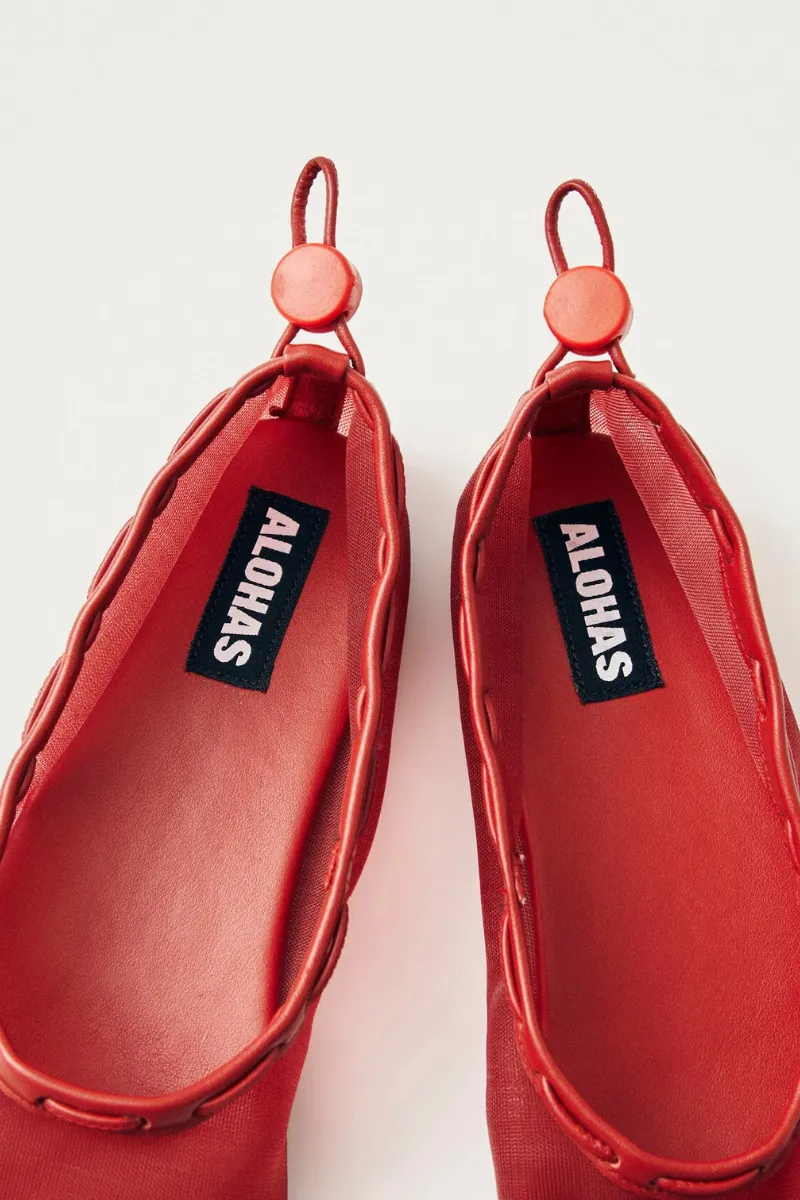 Hermes Fur Loafers Gill Mesh Red Leather Ballet Flats