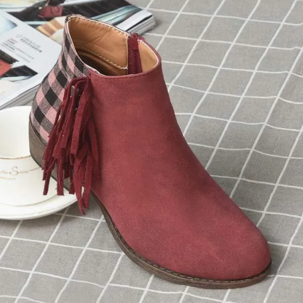 Women's Fringed Chunky-Mid Heel Round Toe Side Zipper Ankle Boots 17067785C Leather Adidas Shoes