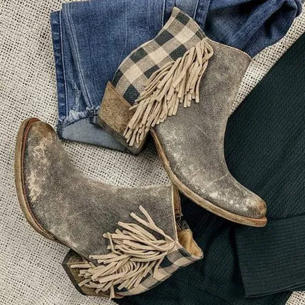 Women's Fringed Chunky-Mid Heel Round Toe Side Zipper Ankle Boots 17067785C Adidas Work Shoes