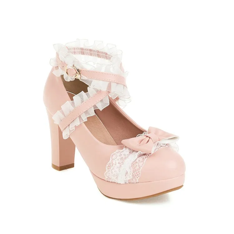Women's Lace Bow Tie High Heels Platform Pumps High Heel Sneakers Song