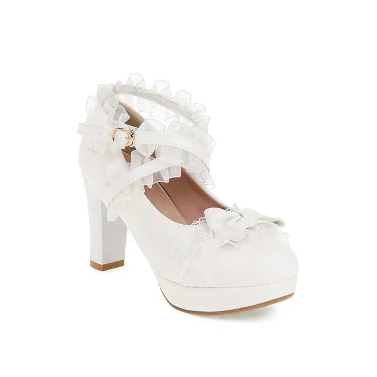 Women's Lace Bow Tie High Heels Platform Pumps High Heel Shoes Fashion