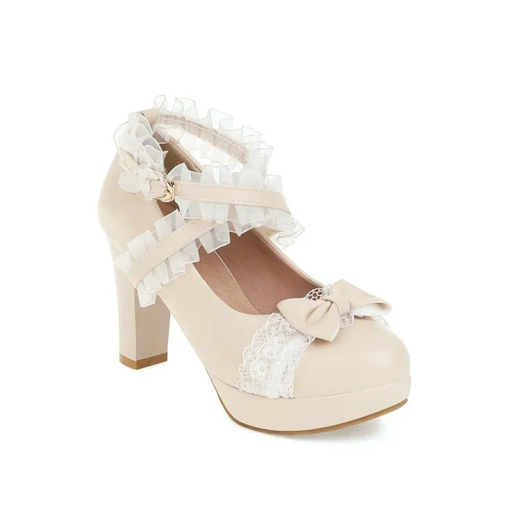 High Heeled Slouch Boots Women's Lace Bow Tie High Heels Platform Pumps