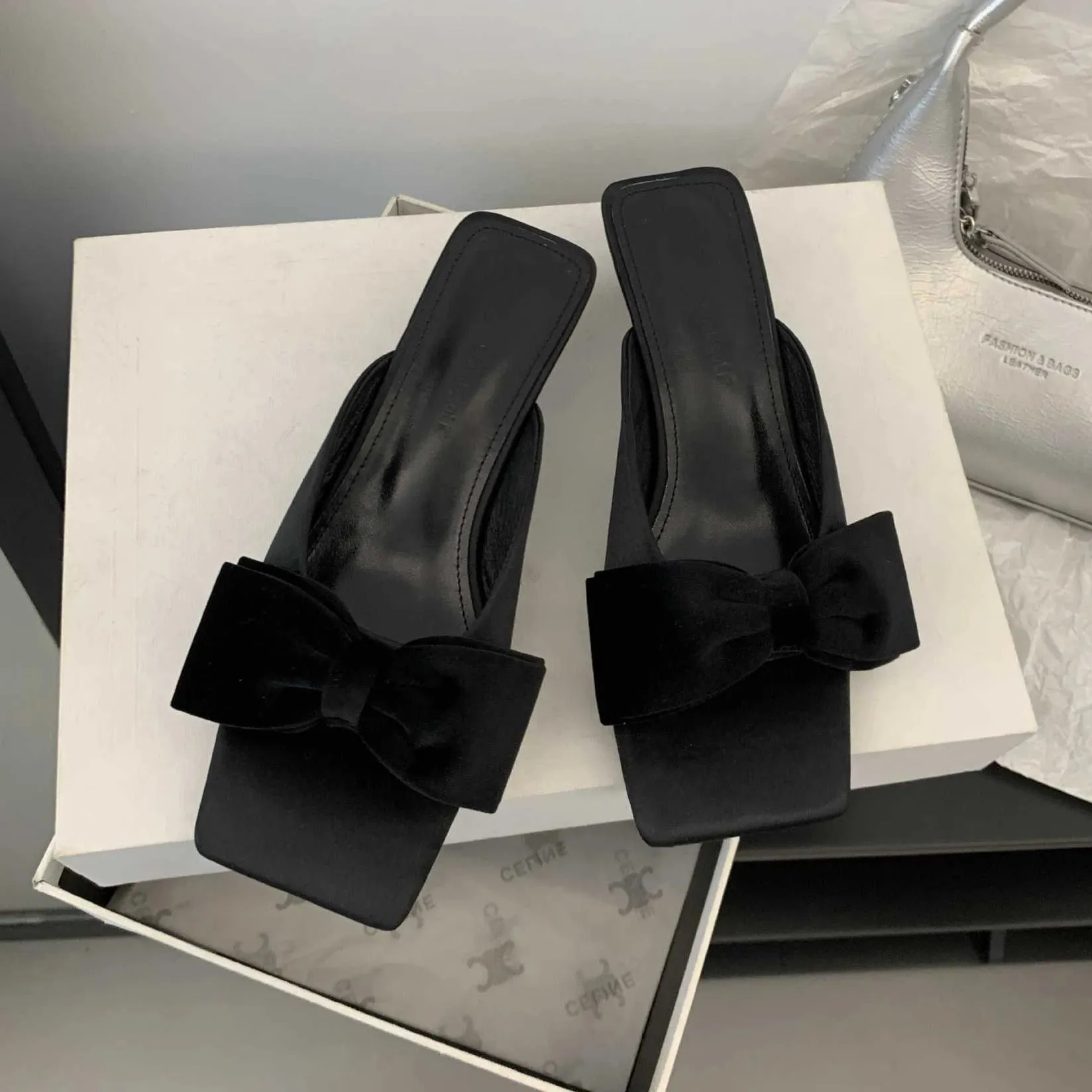 Toddler Slippers With Grips Amozae-Bow Tie Square Head Slippers Women High Heel Fashion Designer Sandals Female Summer Flip Flops Low Heel Mueller Slippers Women