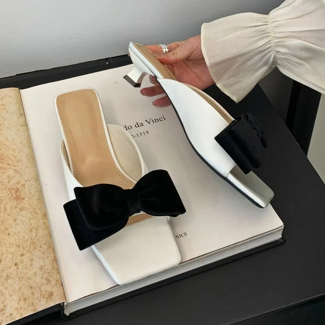 Amozae-Bow Tie Square Head Slippers Women High Heel Fashion Designer Sandals Female Summer Flip Flops Low Heel Mueller Slippers Women Padraig Slippers