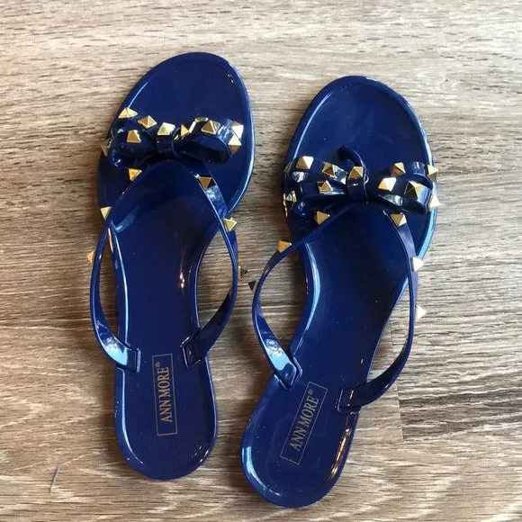 Ann More Curacao Jelly Ballet Flat Women Shoes Diamond Bow Tie-Blue Denim Flats Shoes