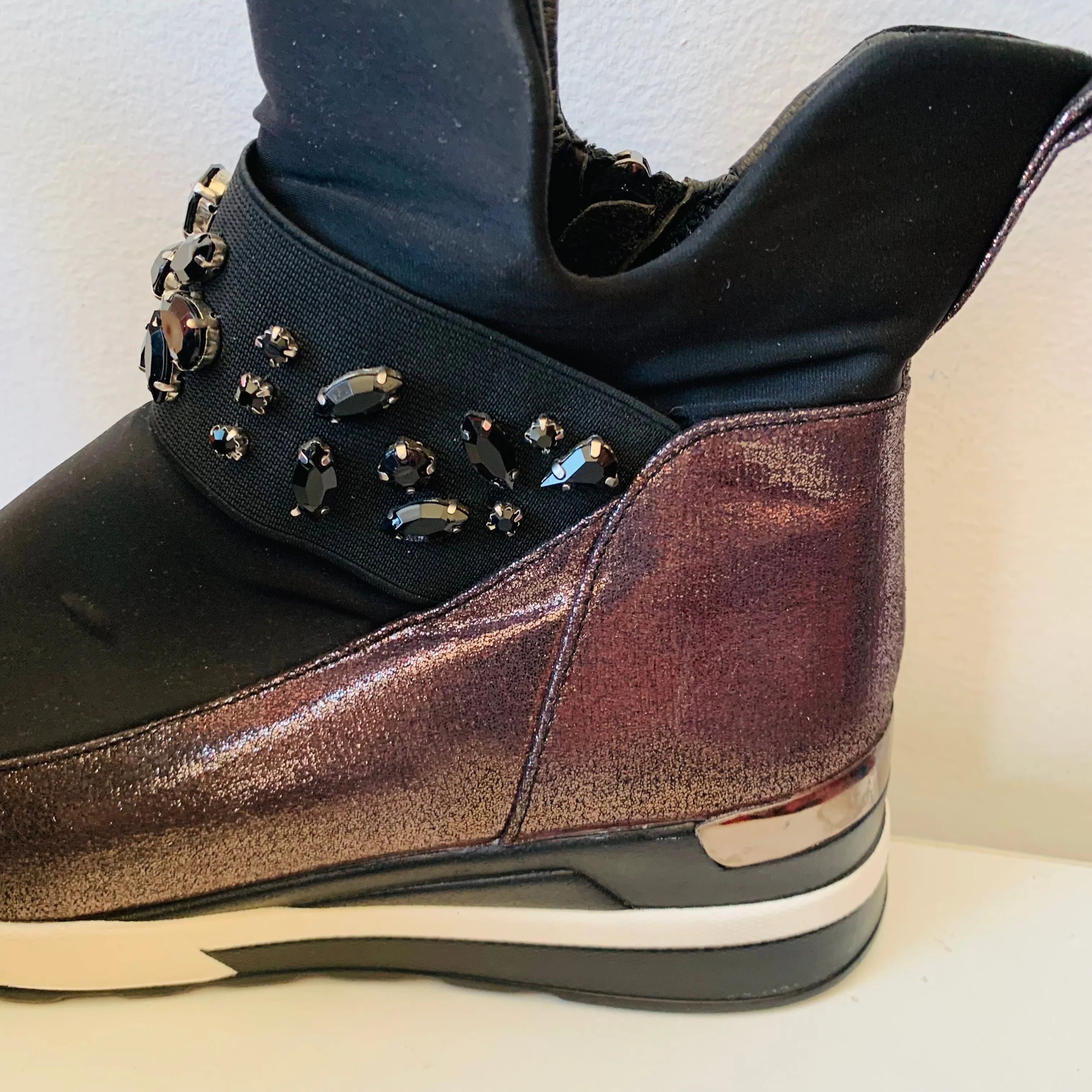 Atalina Rhinestone Two Tone Black/Rose Gold Metallic Slip On Boots Size 10 Adidas Ownthegame Basketball Shoe