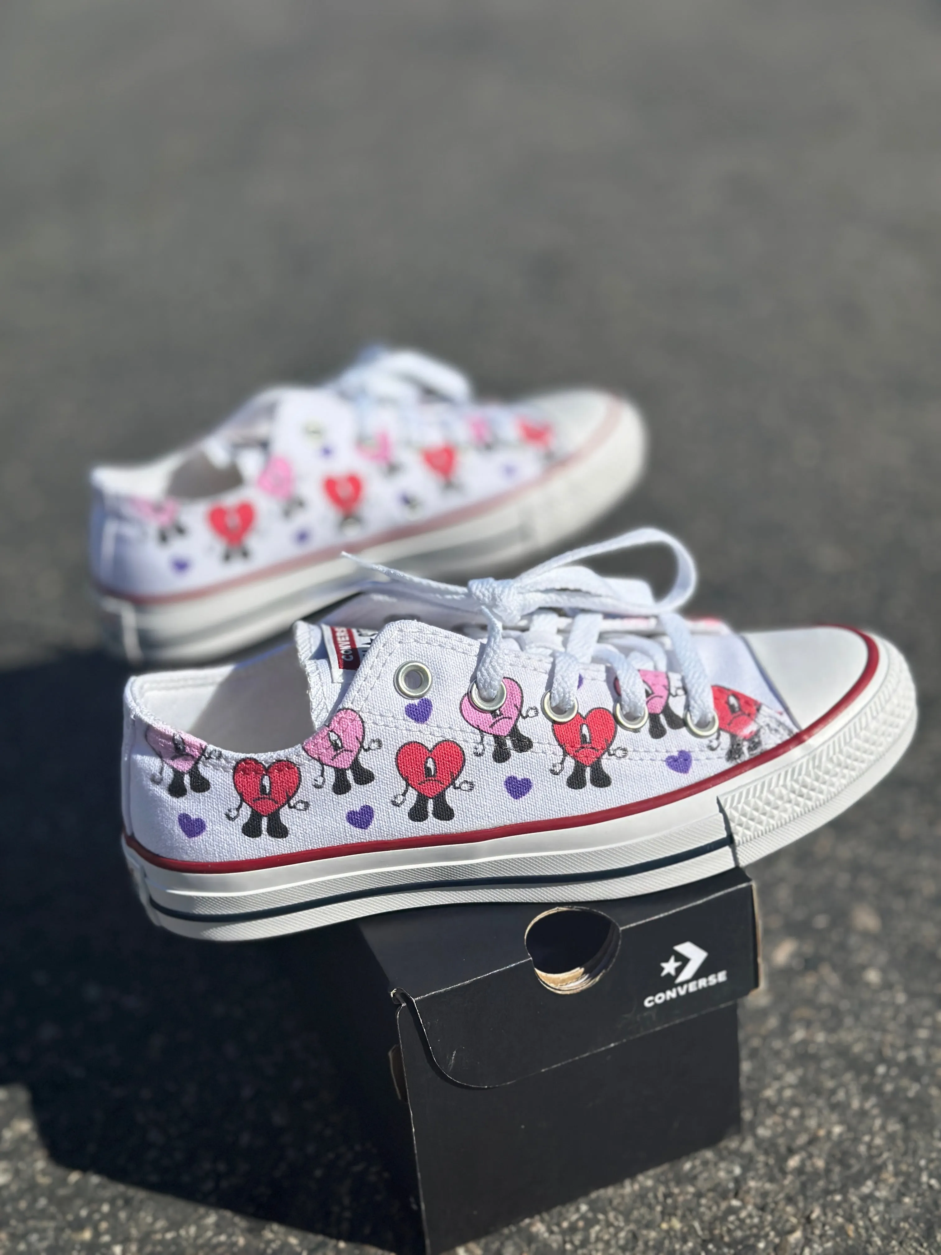 Asics Gel Foam Shoes Bad Bunny Valentines Day Heart Band Custom Low Top Converse White: LIMITED TIME ONLY - Custom Converse Shoes