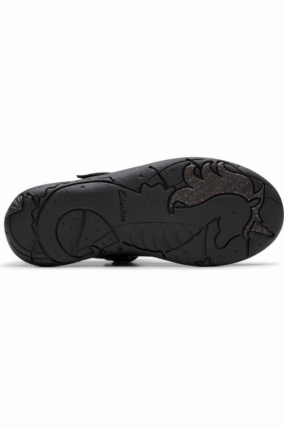 Soft cushion Stream Path Clarks Relda Gem black patent school shoe