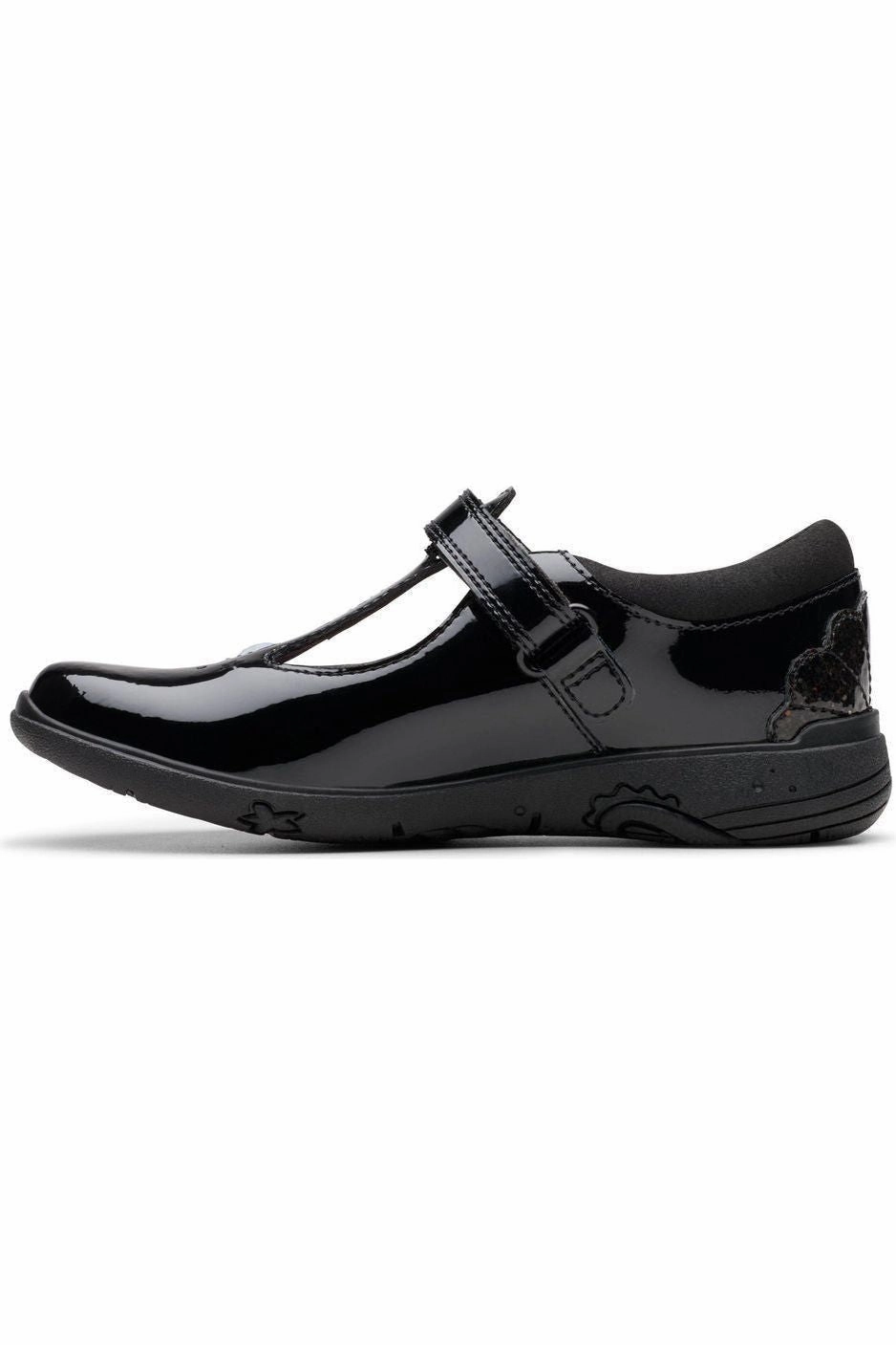 Village Glow Hill Glow Clarks Relda Gem black patent school shoe