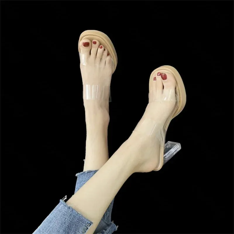 binfenxie  -  Slippers Women Wear New Summer Crystal Mesh Red Transparent Shoes Versatile Thick Heeled High-heeled Sandals Women's Summer Tony Bianco Slippers