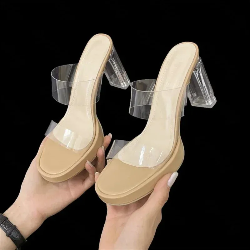 binfenxie  -  Slippers Women Wear New Summer Crystal Mesh Red Transparent Shoes Versatile Thick Heeled High-heeled Sandals Women's Summer Pink Versace Slides