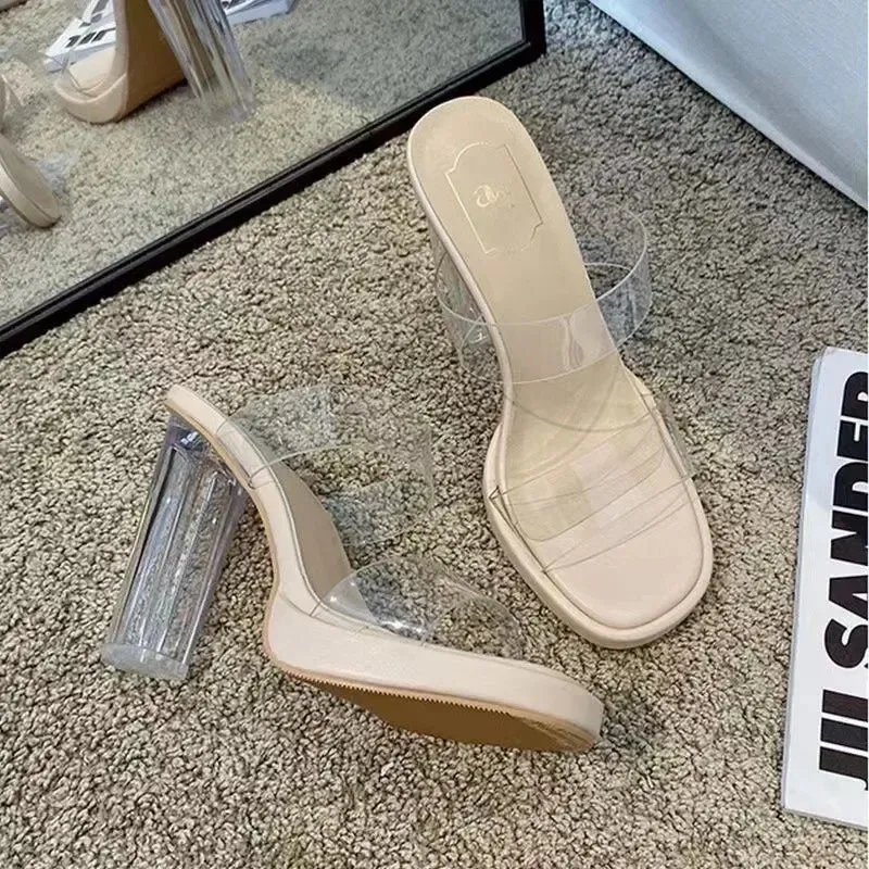 binfenxie  -  Slippers Women Wear New Summer Crystal Mesh Red Transparent Shoes Versatile Thick Heeled High-heeled Sandals Women's Summer Camouflage Slippers