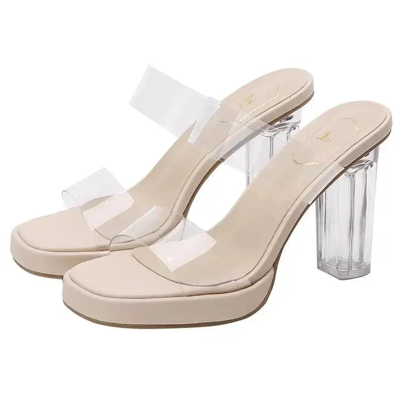 binfenxie  -  Slippers Women Wear New Summer Crystal Mesh Red Transparent Shoes Versatile Thick Heeled High-heeled Sandals Women's Summer Adjustable Slides