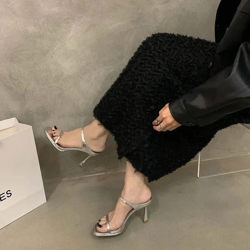 binfenxie  -  Summer Open Toe Women Slippers Fashion Elegant Narrow Band Shoes Ladies Casual Outdoor High Heel Sandalias Hydrangea Slippers Size