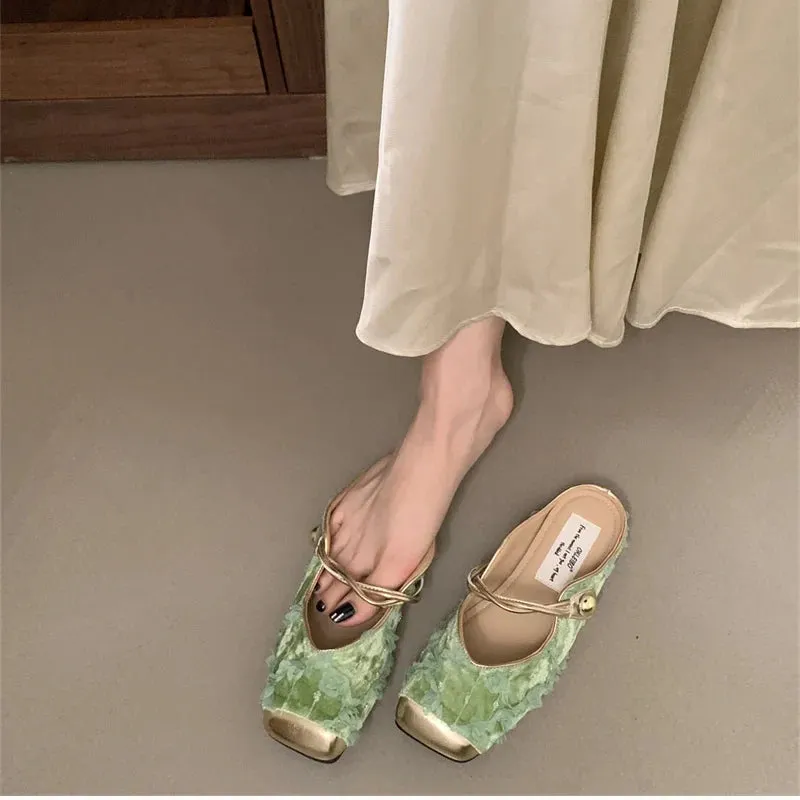 binfenxie Summer Women Mules Slippers Fashion Elegant Slip On Singbacks Slides Shoes Ladies Comfort Square Toe Flats Sandalias Slippers Cartoon