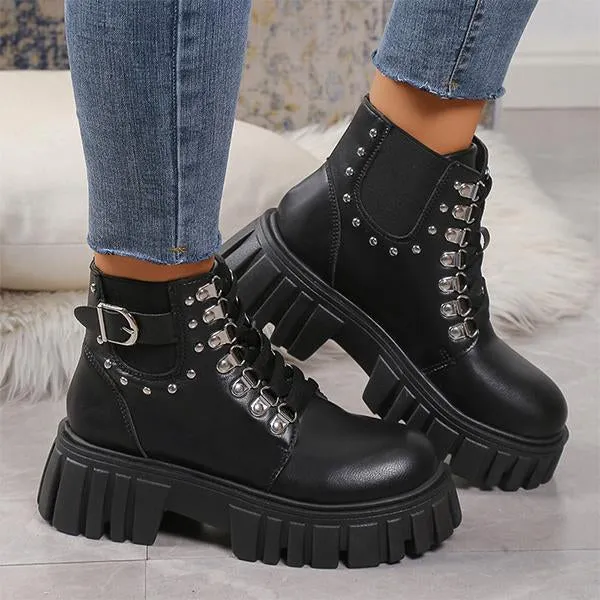 Women's Fashion Rivet Lace-Up Thick-Soled Martin Boots 67274887S Non Marking Adidas Shoes