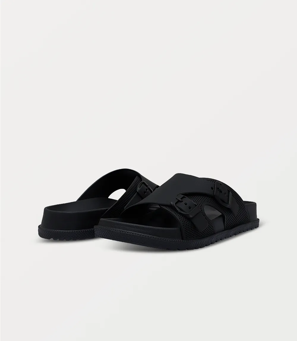 BM6808-BLACK-Men Slipper Buckle Slippers