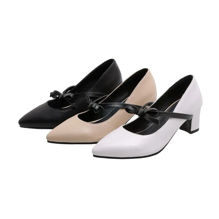 White Heel Boots Women's Knot High Heeled Chunky Heels Pumps