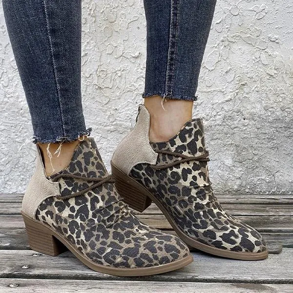 Women's Pointed Toe Square Heel Leopard Print Ankle Boots 77834388C Adidas Shoes Y3