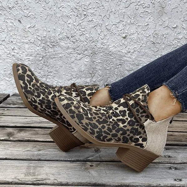 Women's Pointed Toe Square Heel Leopard Print Ankle Boots 77834388C Summer Adidas Shoes