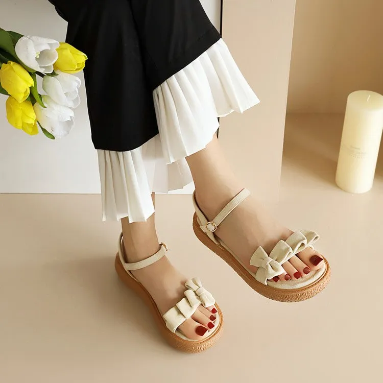 Taxi Flats Shoes Women's's Suede Butterfly Knot Round Toe Ankle Strap Flat Sandals