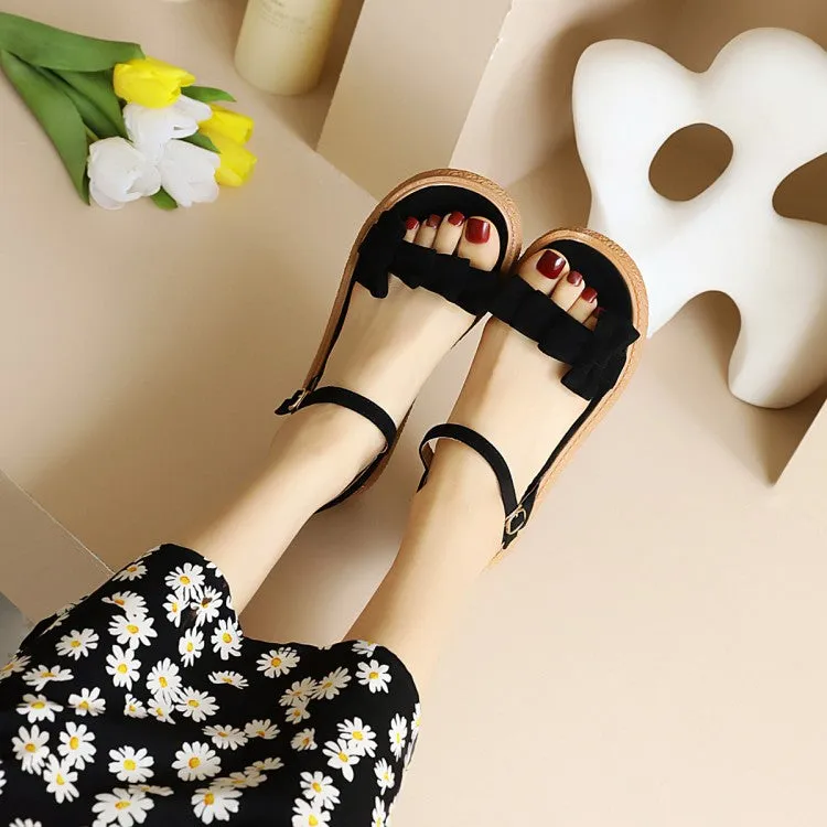 Denim Flat Shoes Women's's Suede Butterfly Knot Round Toe Ankle Strap Flat Sandals