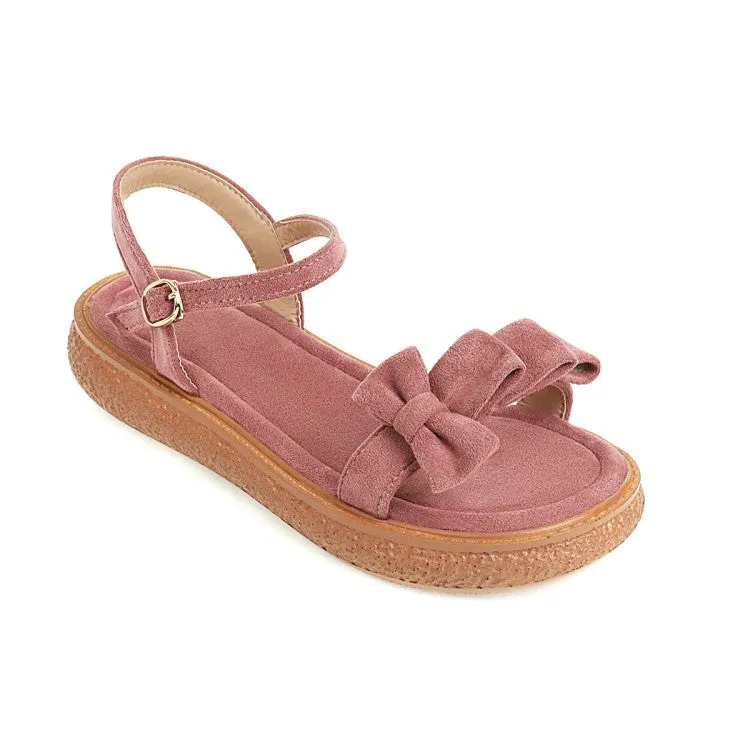 High Flat Platform Shoes Women's's Suede Butterfly Knot Round Toe Ankle Strap Flat Sandals