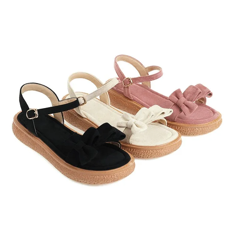 Flat Toe Kicking Shoe Women's's Suede Butterfly Knot Round Toe Ankle Strap Flat Sandals