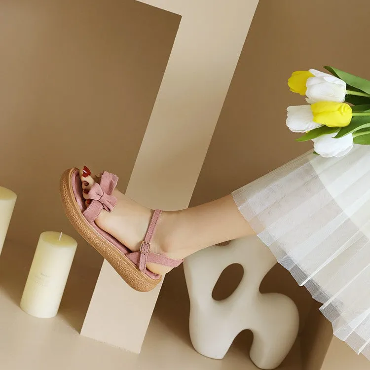 Beige Shoes Women's's Suede Butterfly Knot Round Toe Ankle Strap Flat Sandals