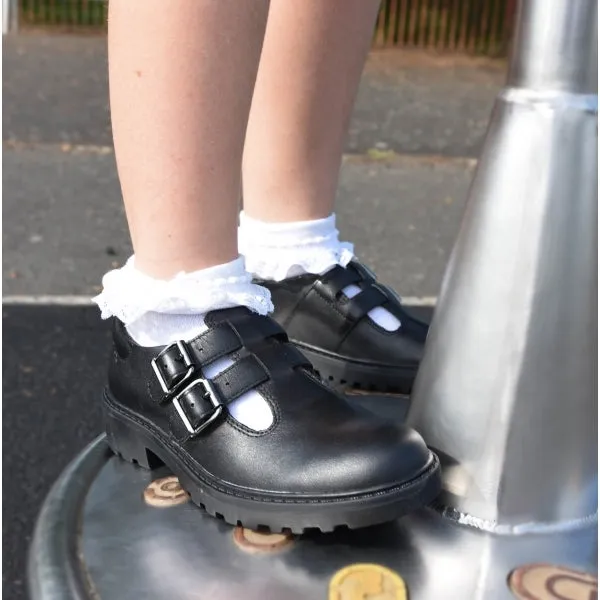 Carbon Plate Asics CASEY D Girls Leather Buckle School Shoes Black