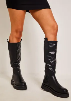 Chanda Black Knee High Chunky Boots Adidas Adizero Adios Pro Evo 1 Running Shoes