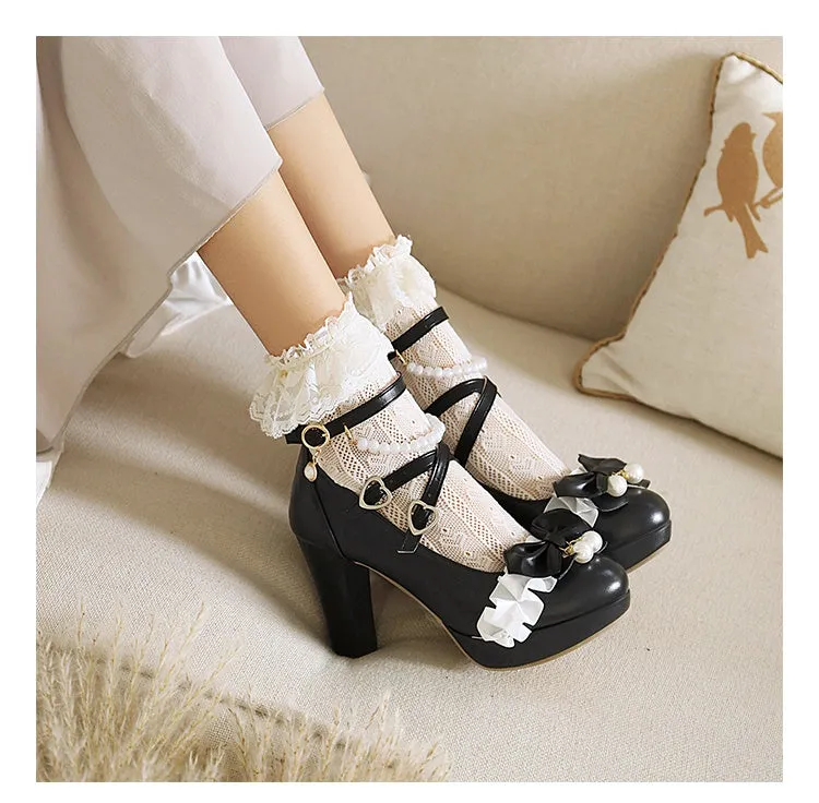 Comfortable High Heel Boots Women's Pumps Mary Janes Shoes with Bowtie