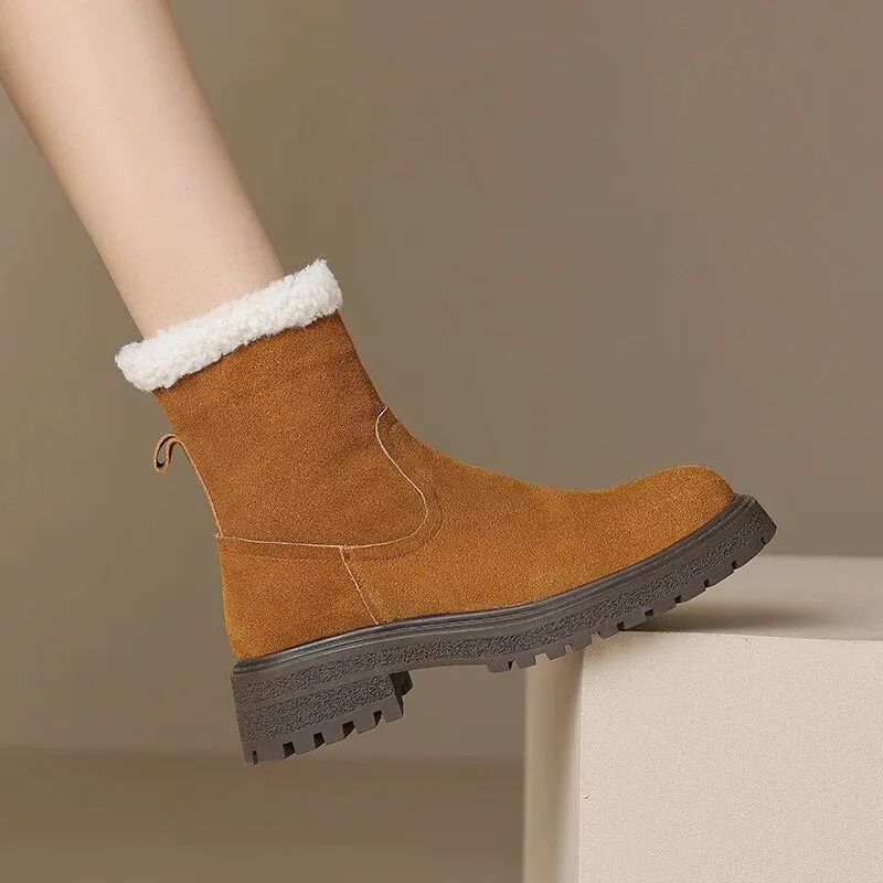 Snow Boots Pull On Winter Women Boots Warm Ankle Boots for Women Cow Suede Side Zipper Snow Boots Casual Shoes Woman Leisure Platform Boots