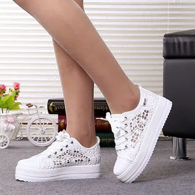 Women shoes 2019 fashion summer casual ladies shoes cutouts lace canvas hollow breathable platform flat shoes woman sneakers Flat Sling Back Shoes Wide Fit