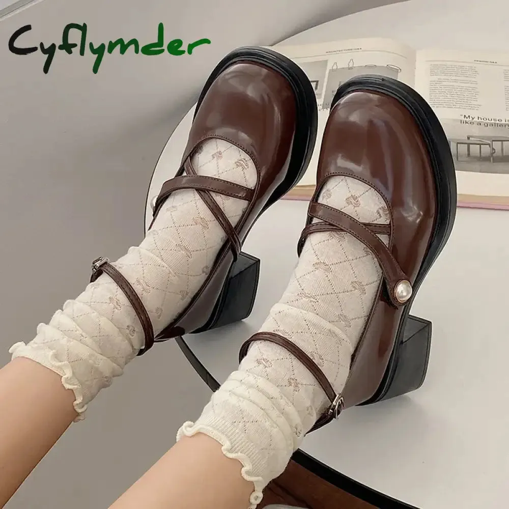 Cyflymder Women Loafers Retro Brown Mary Jane Shoes Women Thick Heels Ankle Buckle Lolita Shoes Woman Uniform Pu Leather Pumps Shoe Female Loafers Bow