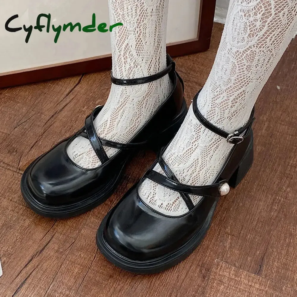 Cyflymder Women Loafers Retro Brown Mary Jane Shoes Women Thick Heels Ankle Buckle Lolita Shoes Woman Uniform Pu Leather Pumps Shoe Female Light In His Loafers
