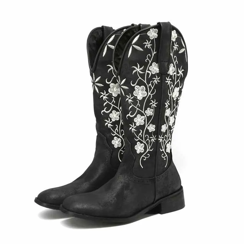 Women's Retro Western Cowboy Boots Embroidered Mid Calf Chunky Boots Teva Hiking Boots