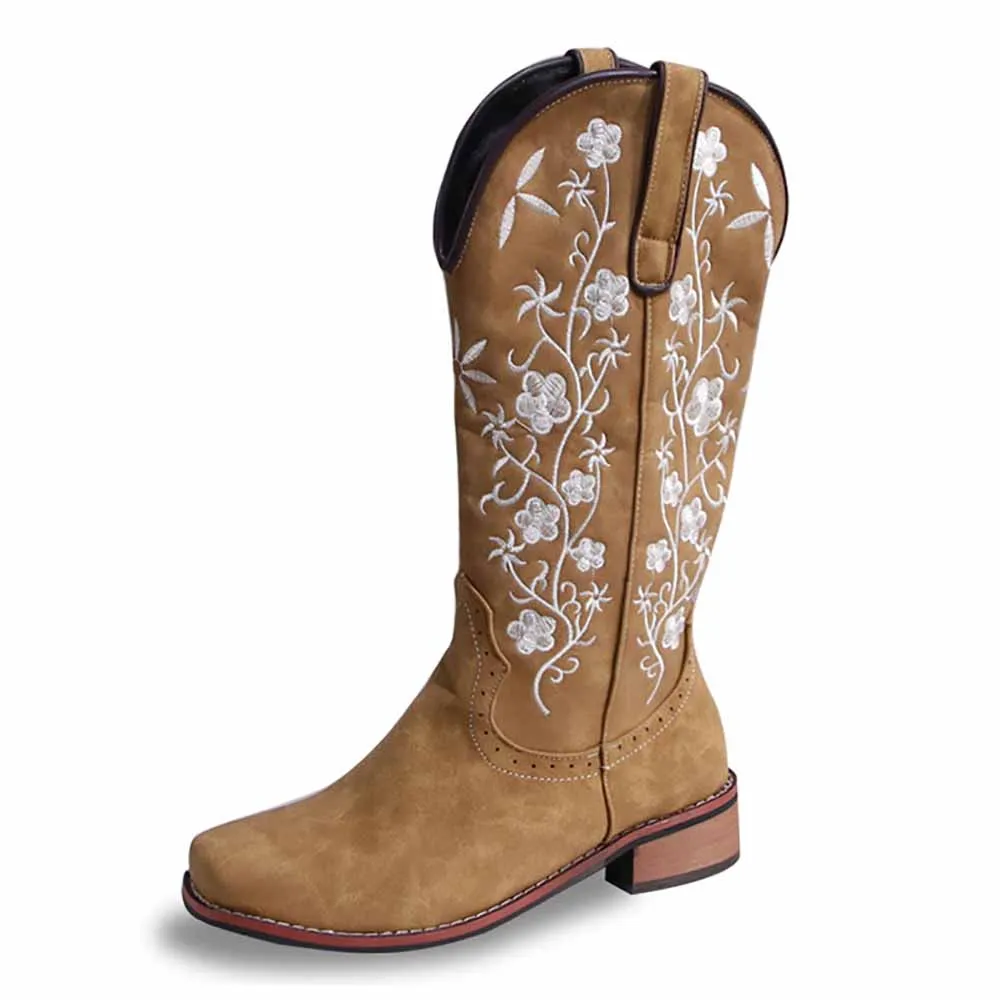 Snow Boots Fashion Women's Retro Western Cowboy Boots Embroidered Mid Calf Chunky Boots