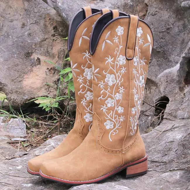 Women's Retro Western Cowboy Boots Embroidered Mid Calf Chunky Boots Jeans To Wear With Boots